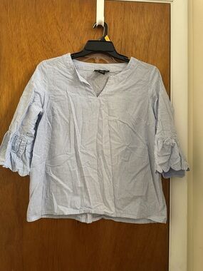 Preswick & Moore Light Blue Striped Notch-Neck Ruffle Sleeve Top